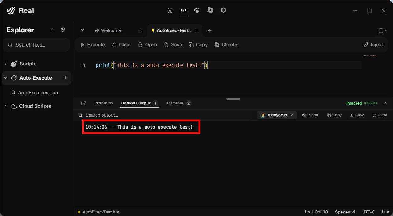 Roblox Output في Real يوضح أن سكربت Auto-Execute عمل بعد دخول لعبة.