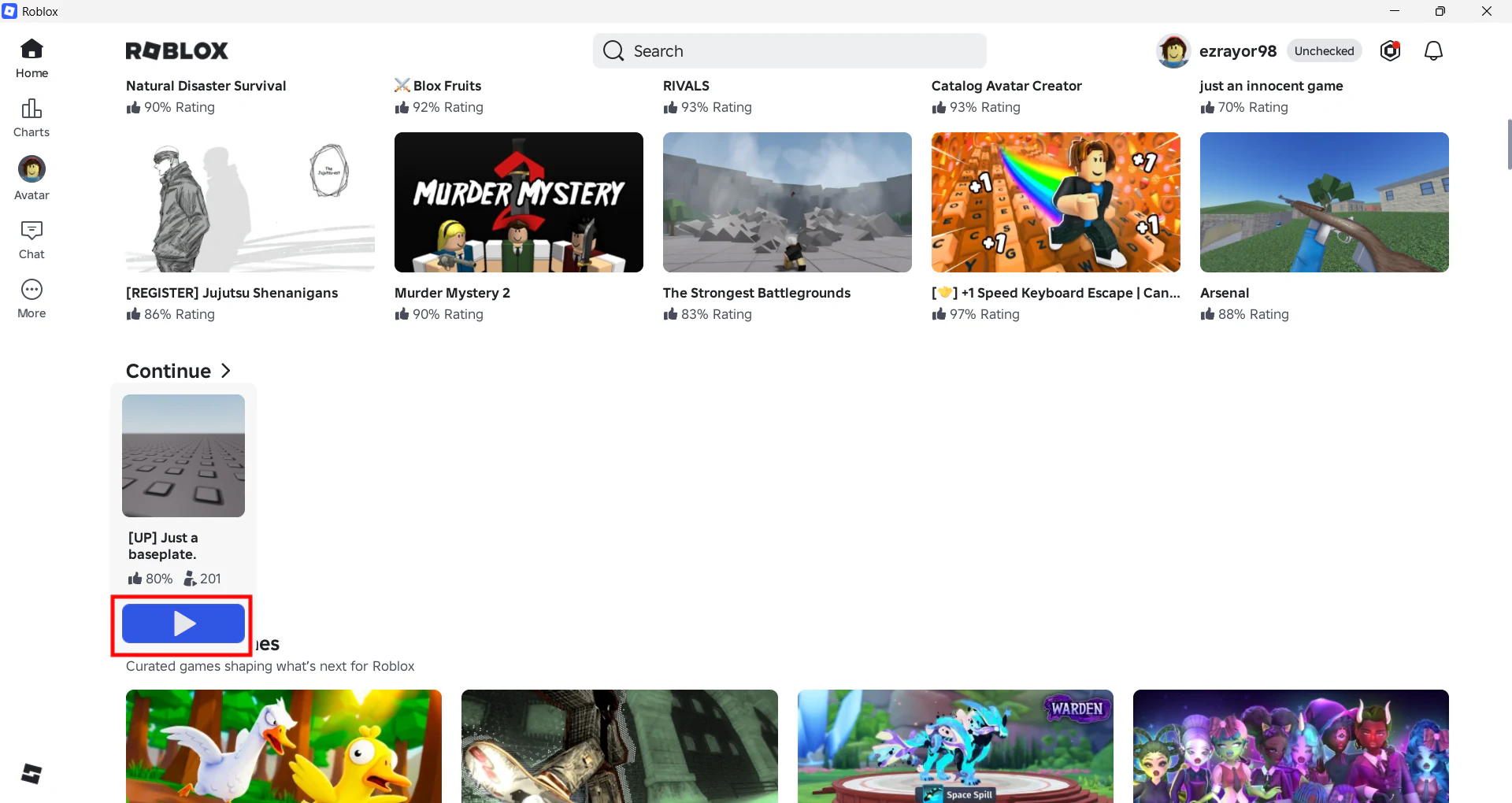 شاشة Roblox الرئيسية مع إبراز زر تشغيل اللعبة.