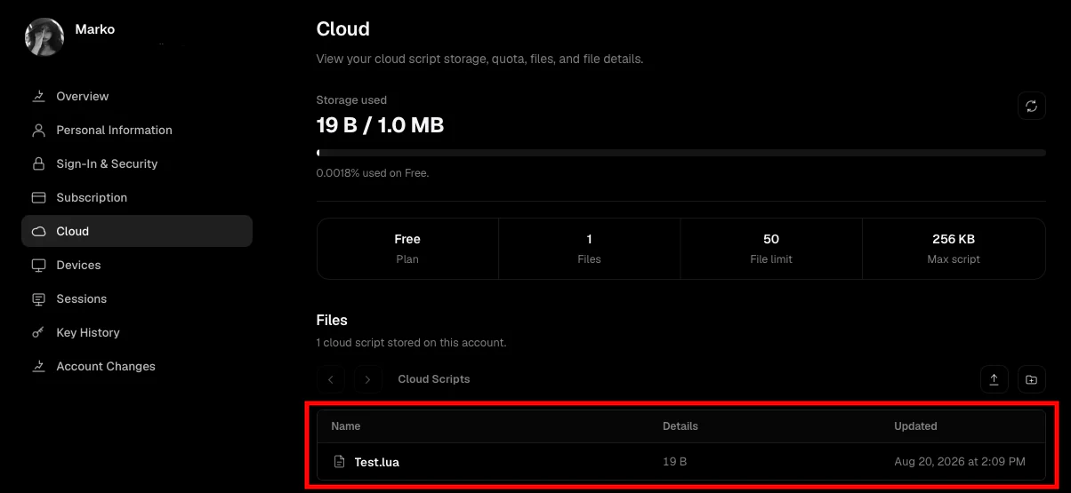 Sekcja Cloud w Dashboard z podswietlona lista scriptow