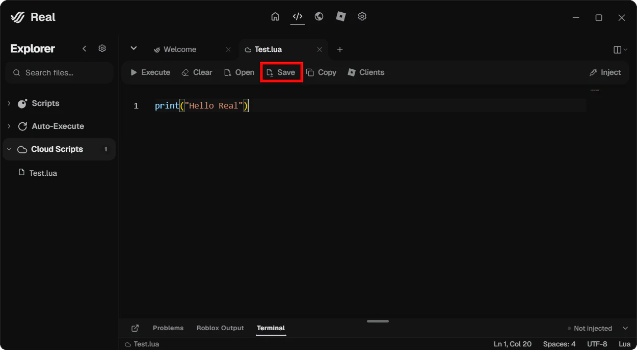Edytor Real z podswietlonym przyciskiem Save