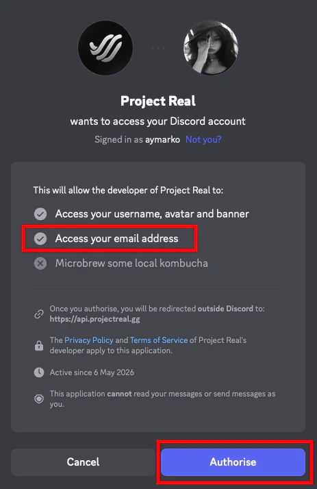 หน้าจออนุญาต Discord ที่แสดงสิทธิ์อีเมลและปุ่ม authorize