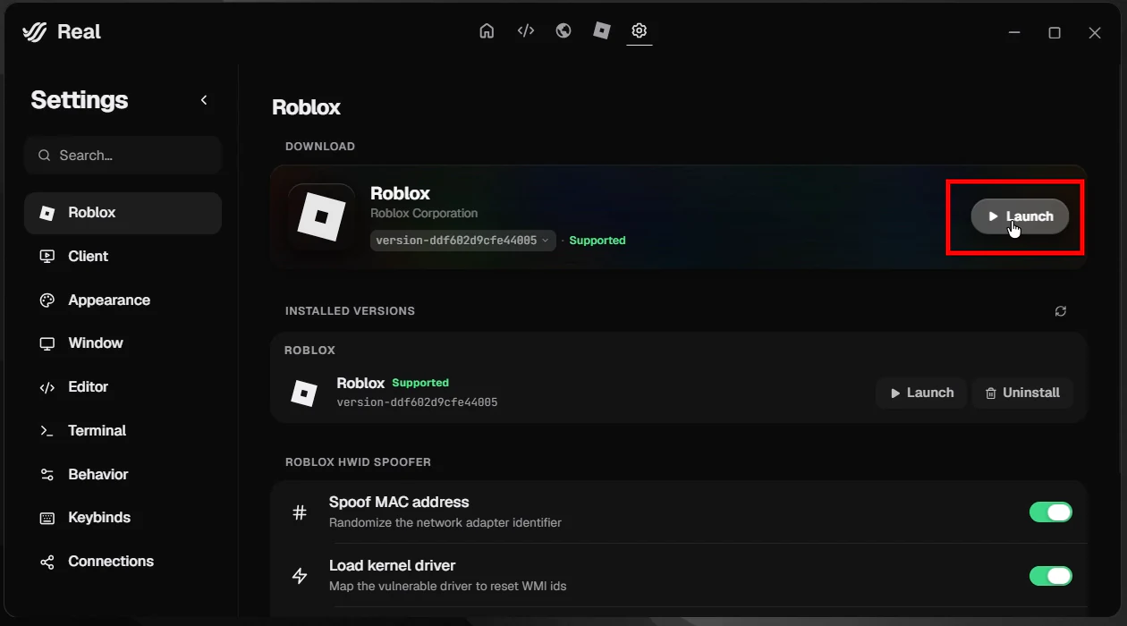 Página de configurações do Roblox mostrando a versão compatível e o botão Launch.