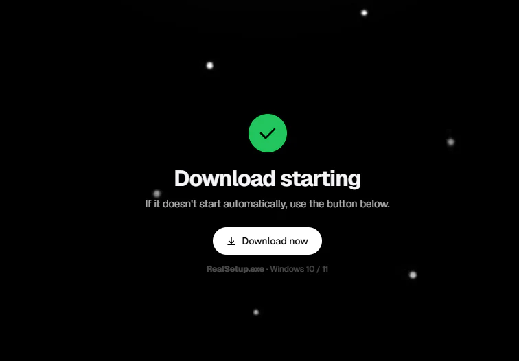 Página Download Real mostrando Download starting y el botón Download now.