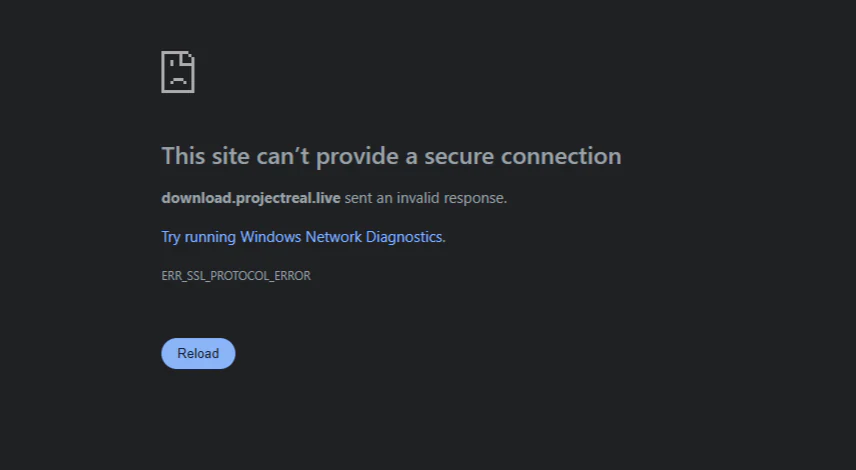 Navegador mostrando ERR_SSL_PROTOCOL_ERROR en el host de descarga de Real.