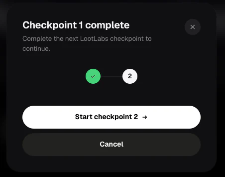 Free key modal showing checkpoint 1 complete and checkpoint 2 ready