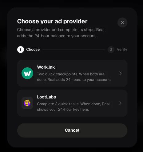 Ad provider modal showing Work.ink and LootLabs choices