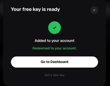 Free key success modal showing time added to the account
