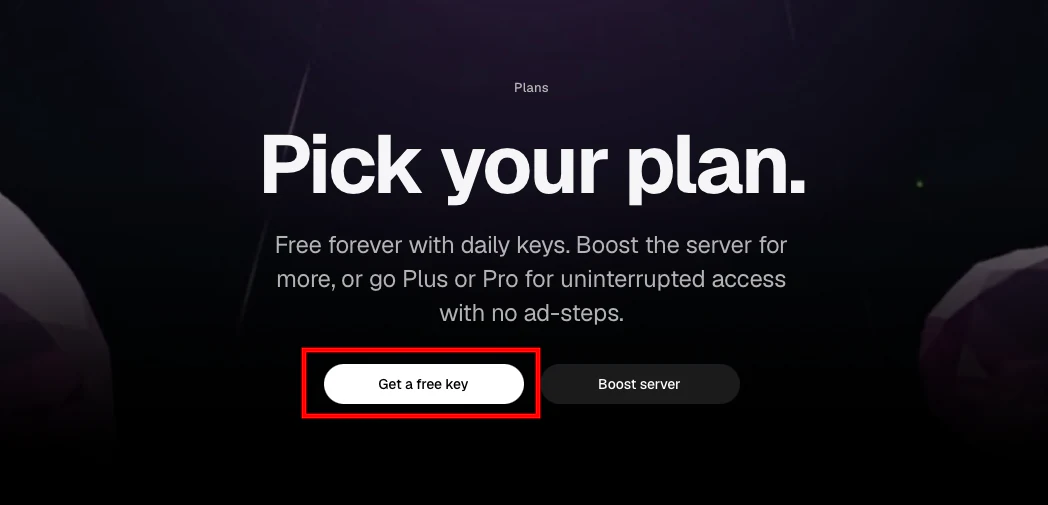 Pricing page with the Get a free key button highlighted