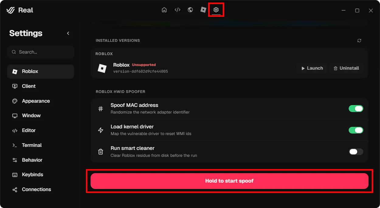 Configuracoes Roblox do Real com a secao Spoofer destacada