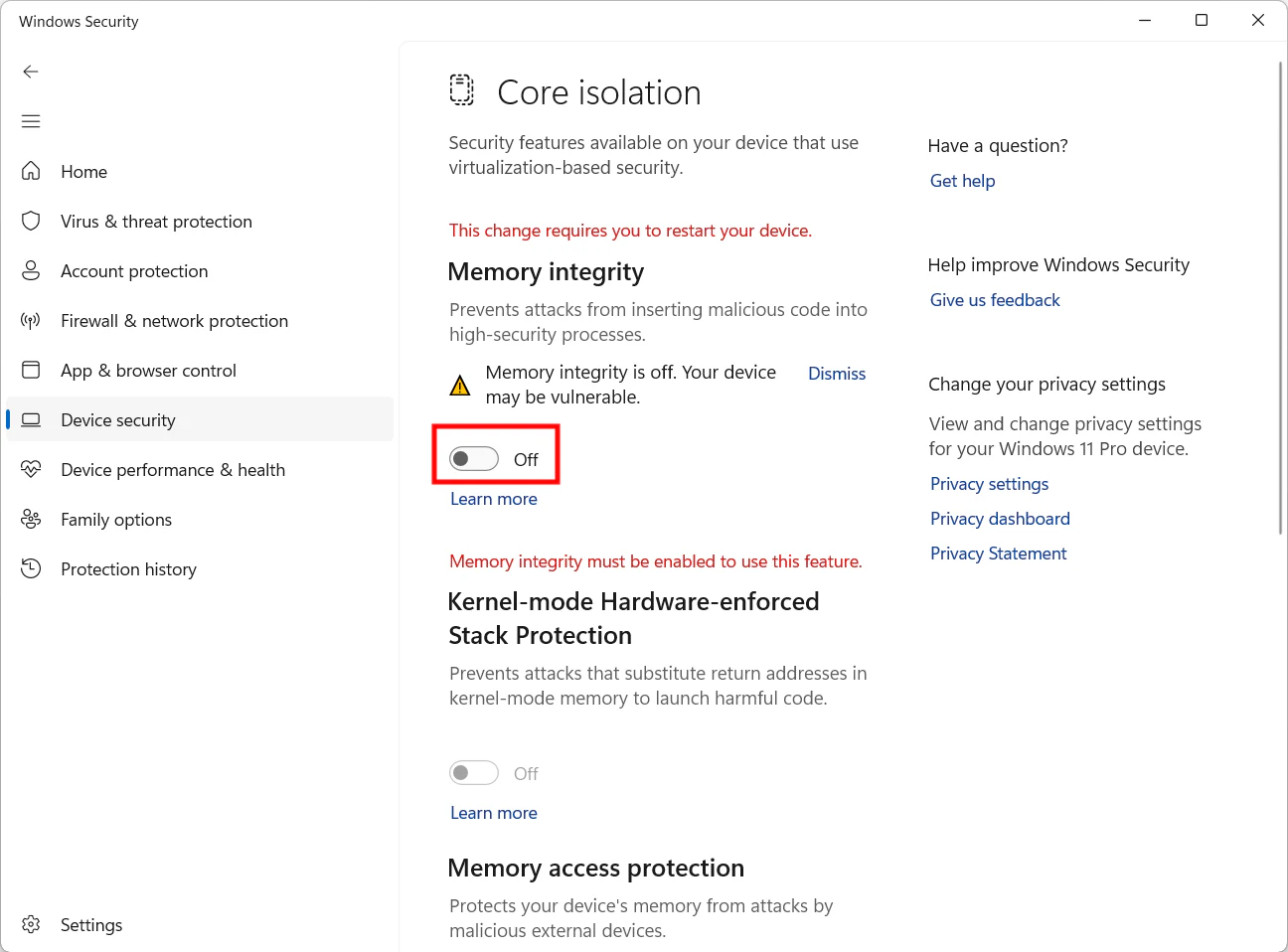 Seguranca do Windows com Memory Integrity desativado