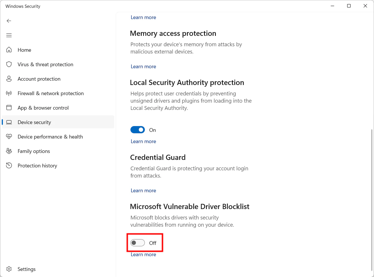 Seguranca do Windows com Microsoft Vulnerable Driver Blocklist desativado