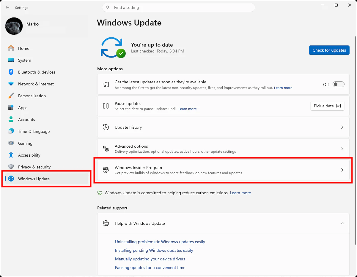 Windows Update settings with Windows Insider Program highlighted.