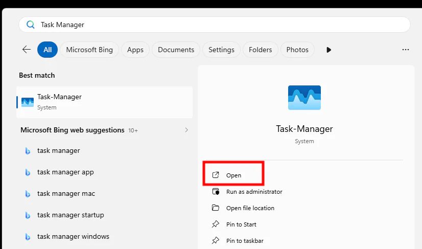 Windows Search showing Task Manager ready to open.