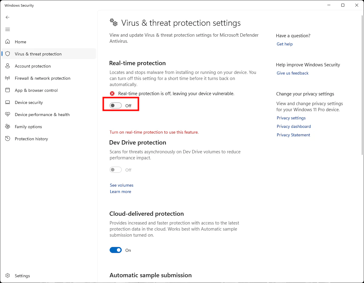 Configuración de Seguridad de Windows con Protección en tiempo real desactivada.