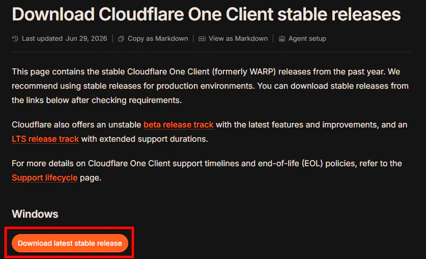 Cloudflare One Client stable release download page for Windows.