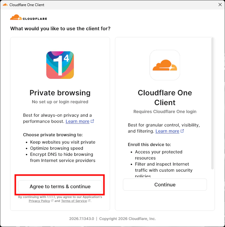 Cloudflare One Client private browsing option selected.