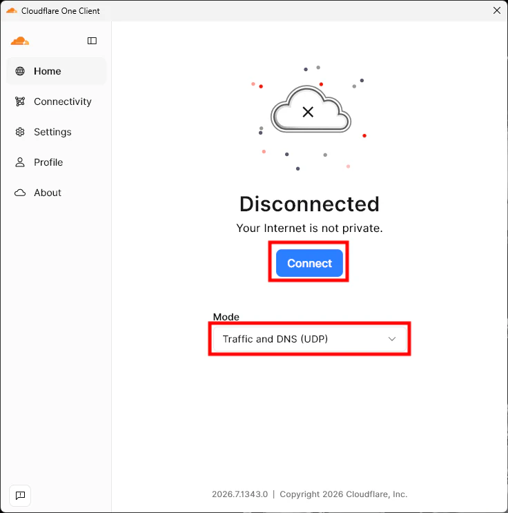 Cloudflare One Client connect screen with Traffic and DNS UDP selected.