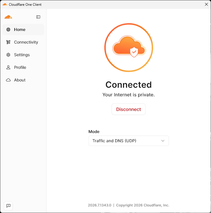 Cloudflare One Client connected with Traffic and DNS UDP mode.