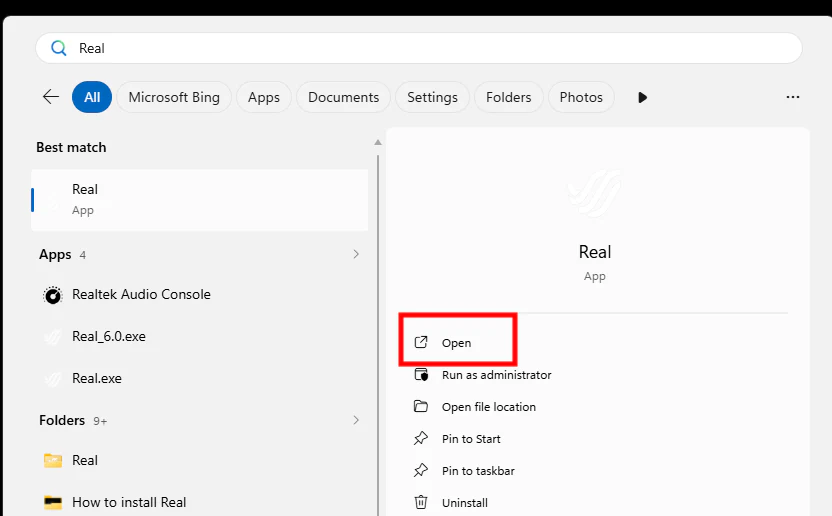 Windows Search showing Real ready to open.