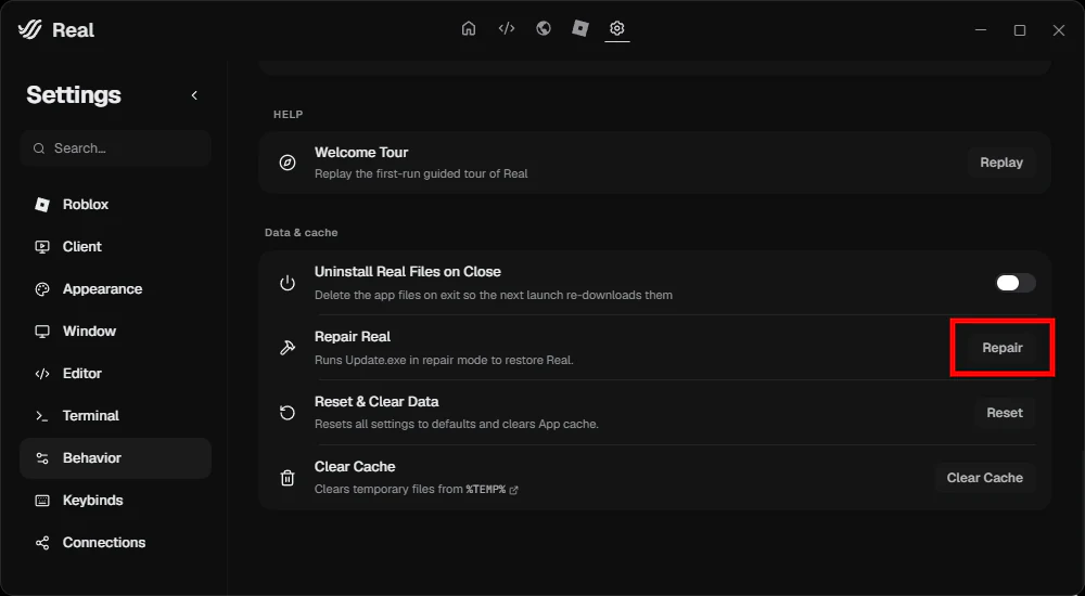 Real settings showing Behavior and the Repair Real button.