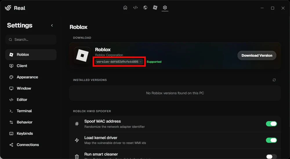Real Roblox settings with the supported version menu highlighted.