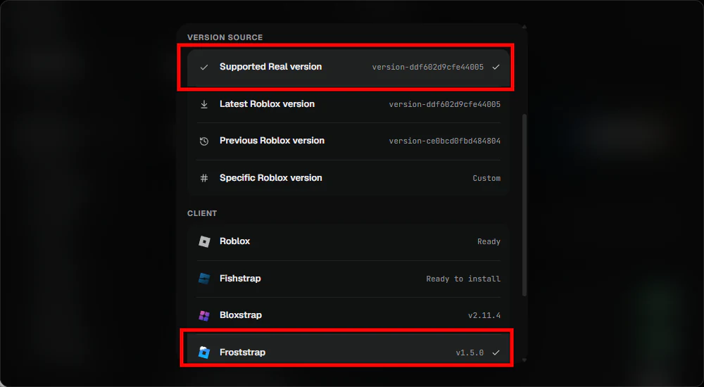 Version source popup with Supported Real version and Froststrap selected.