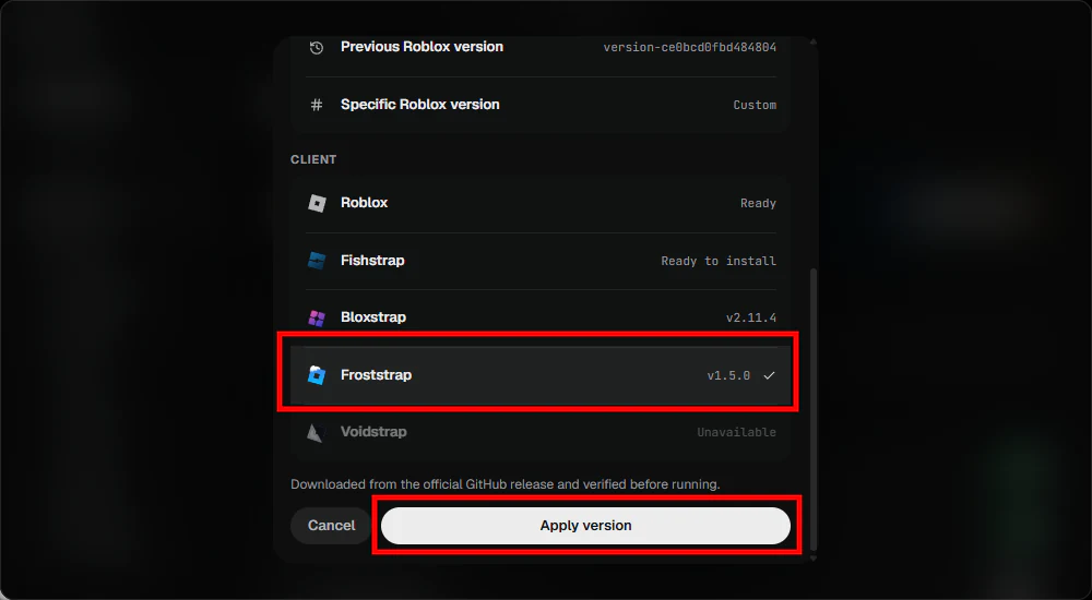 Version source popup with Froststrap selected and Apply version highlighted.