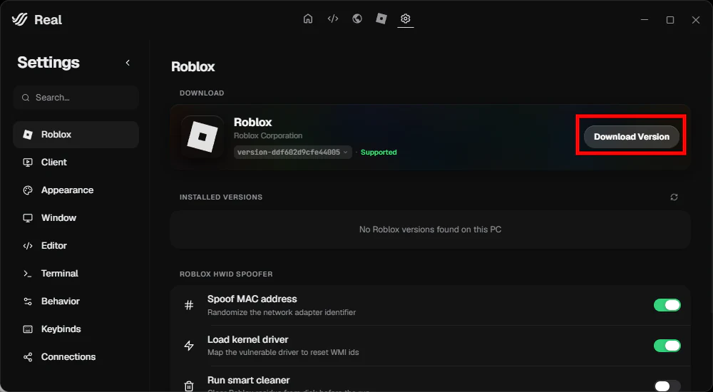 Real Roblox settings with Download Version highlighted.