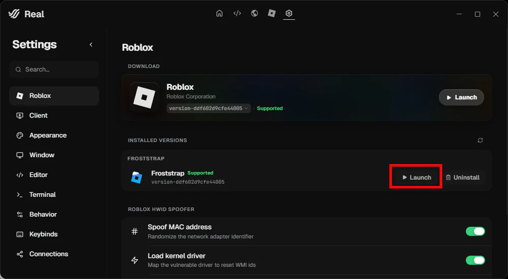 Installed Froststrap version with Launch highlighted.