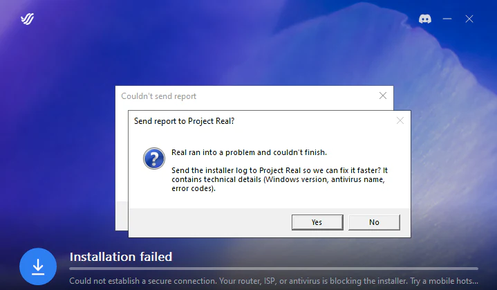 ตัวติดตั้ง Real แสดงข้อผิดพลาดการเชื่อมต่อที่ปลอดภัย Installation failed