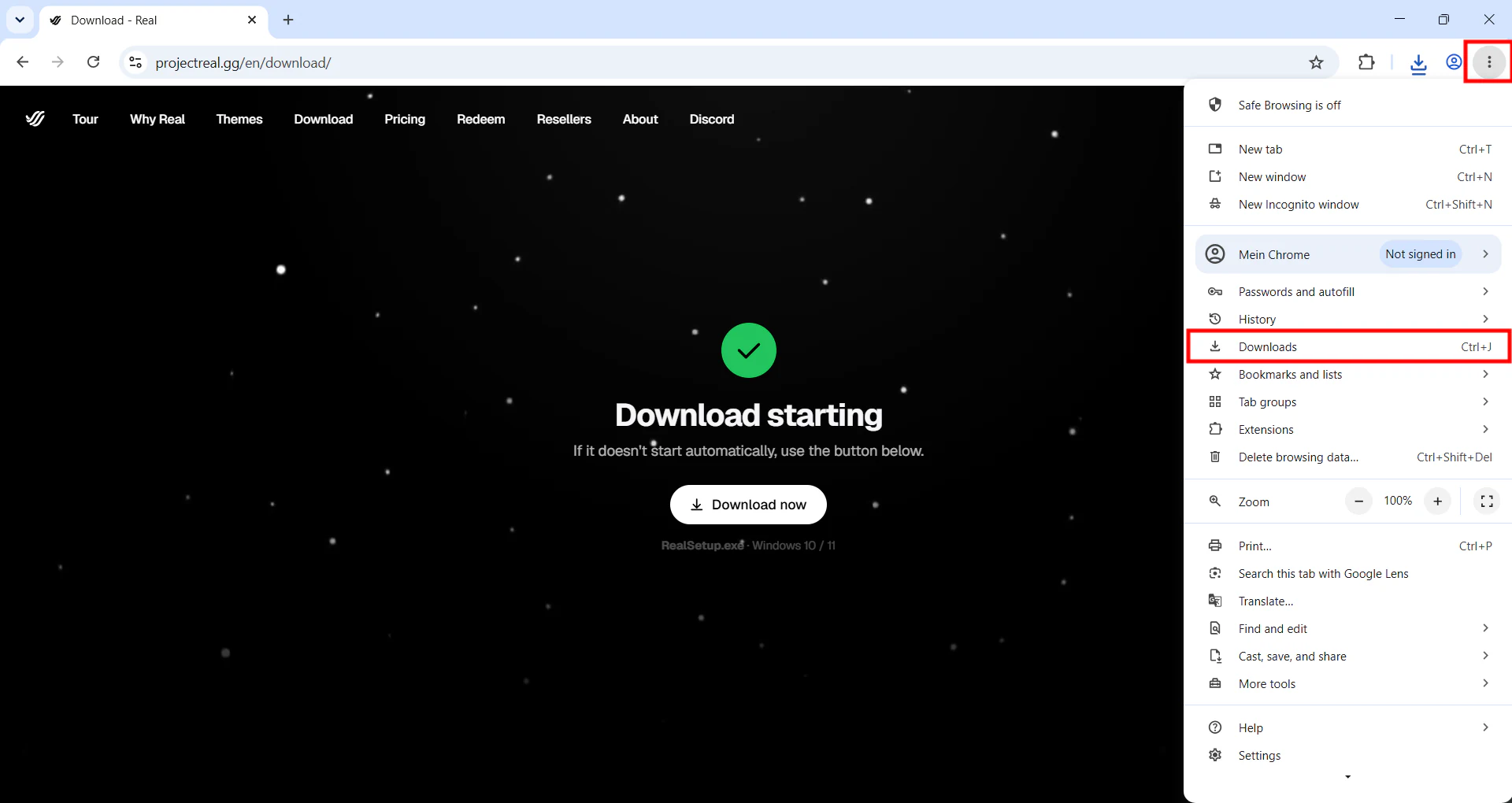 قائمة Chrome مع إبراز Downloads و Ctrl + J.