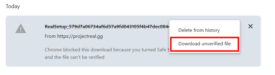 قائمة تنزيل Chrome مع اختيار Download unverified file