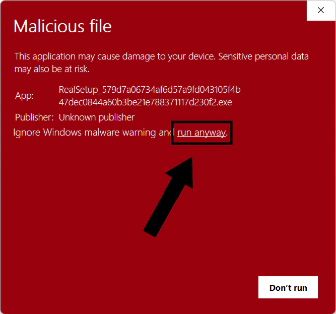 تحذير Windows مع تمييز run anyway