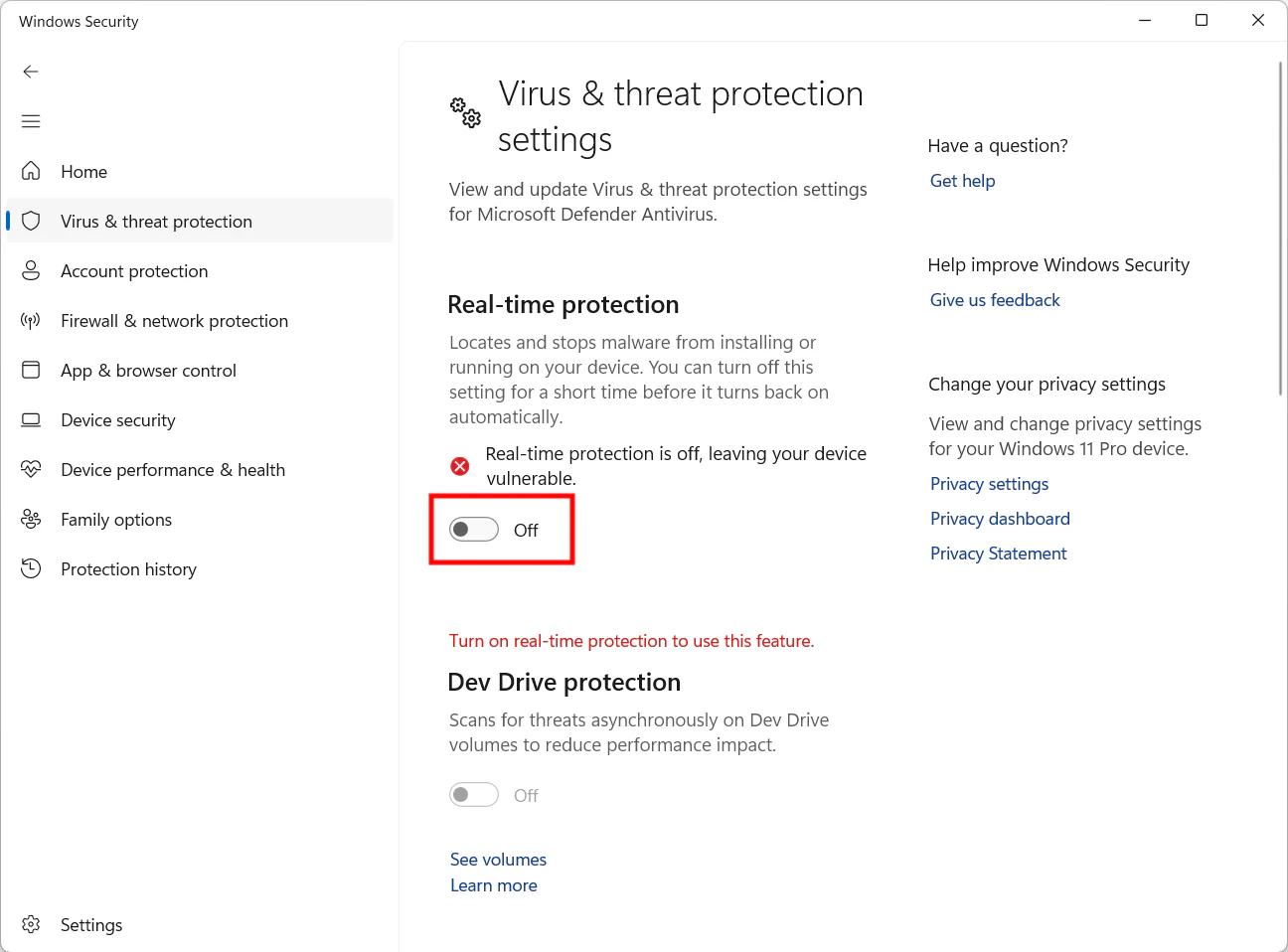Windows Security مع real-time protection متوقفة
