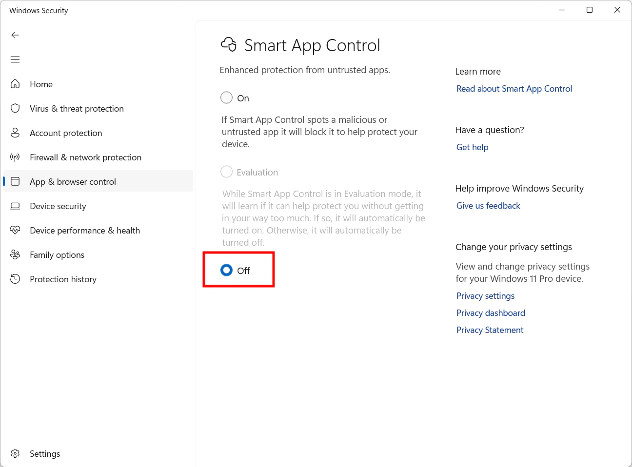 Windows Security مع Smart App Control متوقف