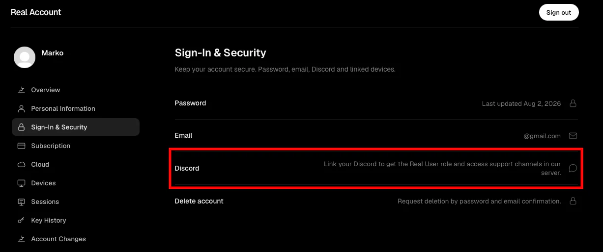 Dashboard Sign-In & Security tab with the Discord row highlighted.