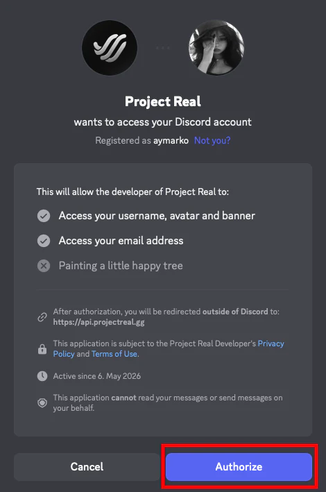 Discord authorization page for Project Real with the Authorize button highlighted.