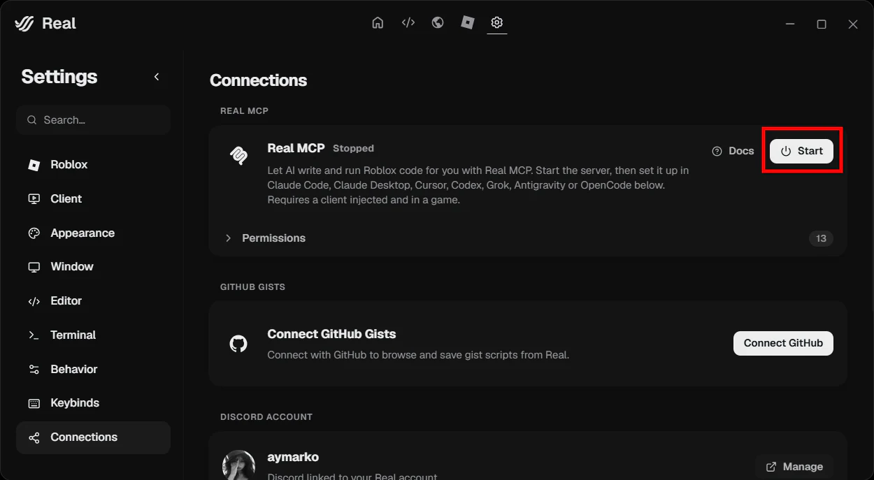 إعدادات Connections في Real مع تمييز زر Start الخاص ب Real MCP.