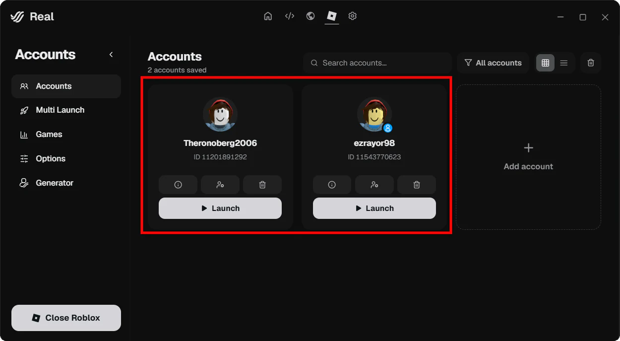 Deux comptes Roblox ajoutés dans Account Manager.