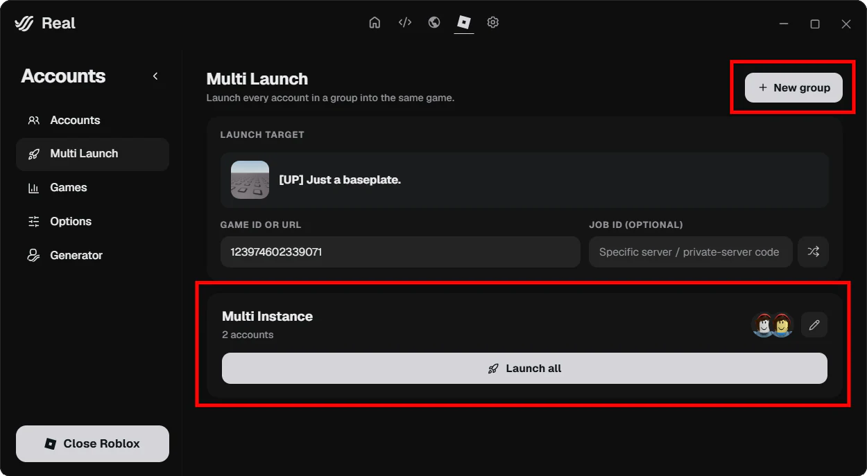 Groupe Multi Launch avec bouton Launch all.