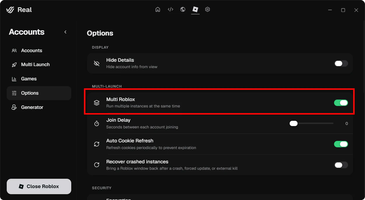 Multi Roblox activé dans les options de Account Manager.