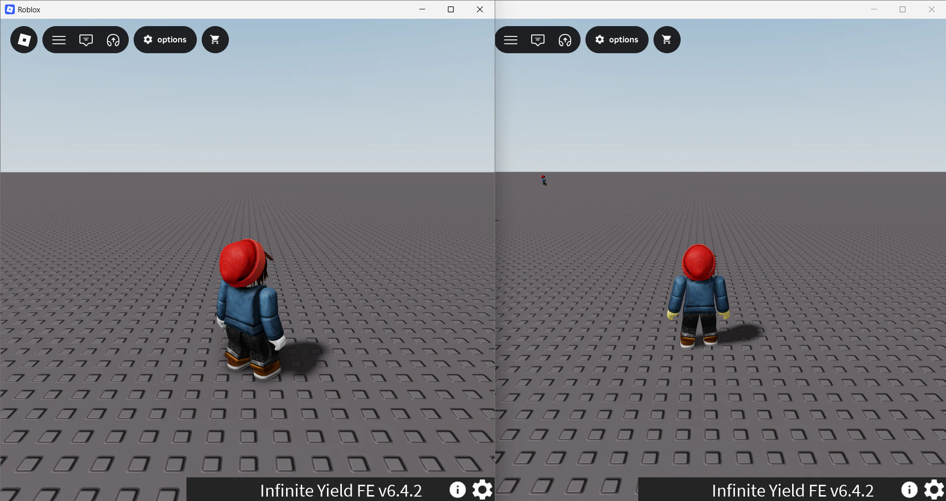 Deux clients Roblox montrant le résultat du script exécuté.