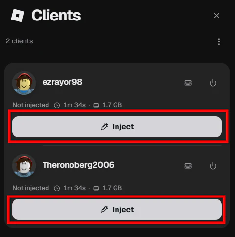 Panneau Clients avec boutons Inject pour chaque client Roblox.