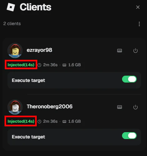 Panneau Clients montrant les deux clients Roblox injectés.