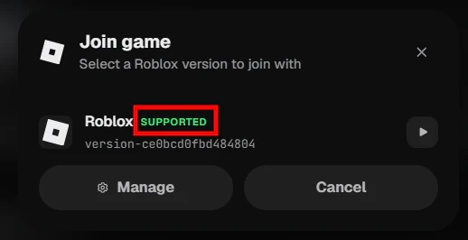Version Roblox prise en charge sélectionnée pour rejoindre un jeu.