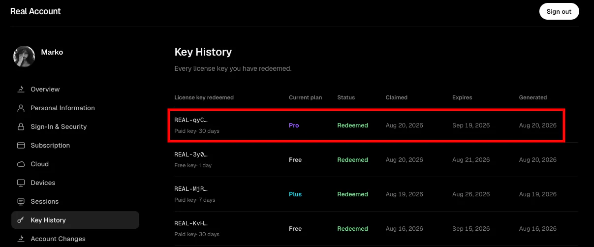 Dashboard Key History tab showing a redeemed Pro key