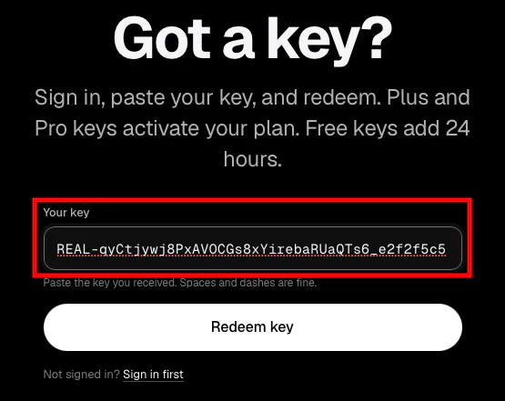 Pricing redeem section with a license key entered