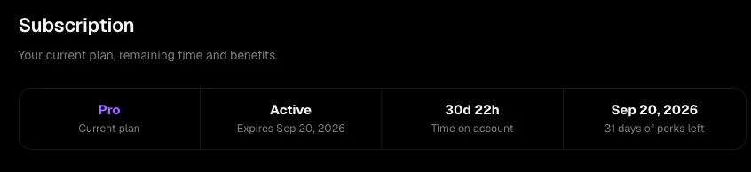 Dashboard Subscription tab showing an active Pro plan