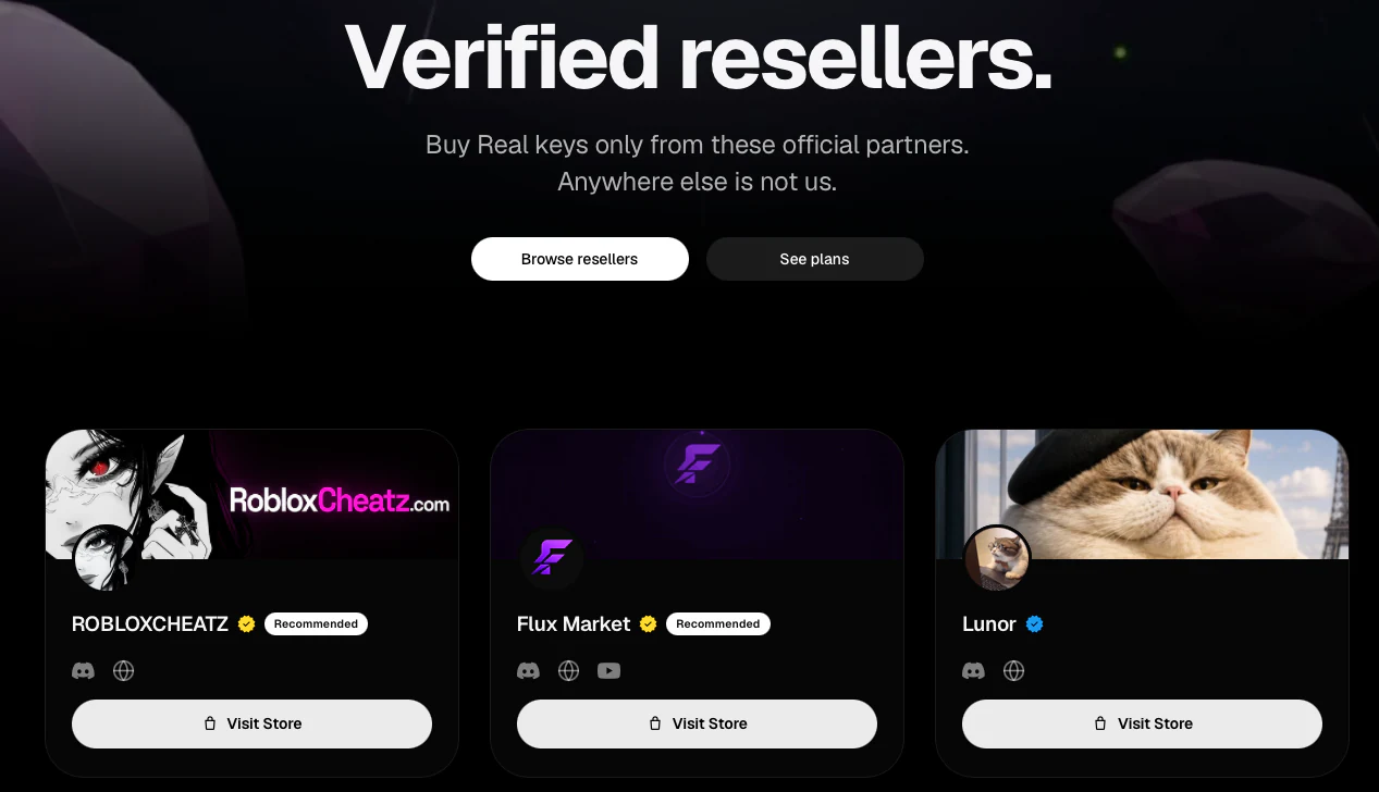 Verified resellers page with official reseller cards