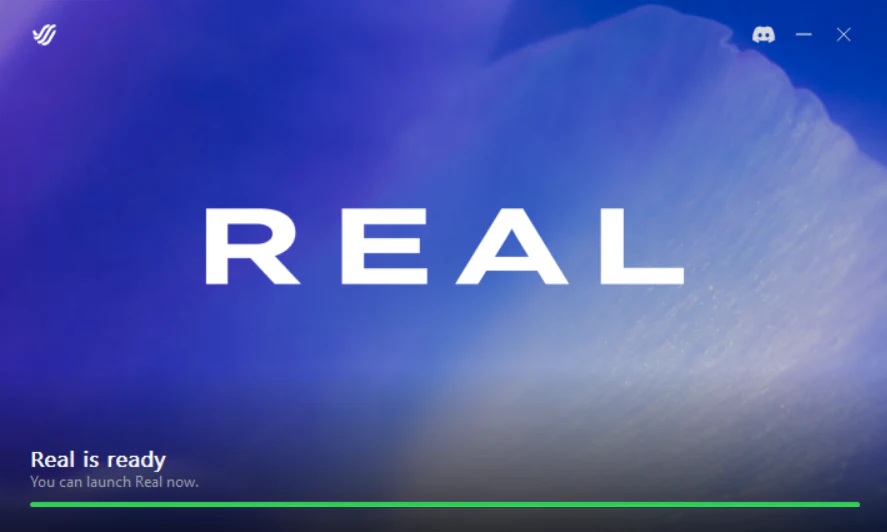 Real 런처가 Real 준비 완료를 표시하지만 app 창이 보이지 않을 수 있습니다.